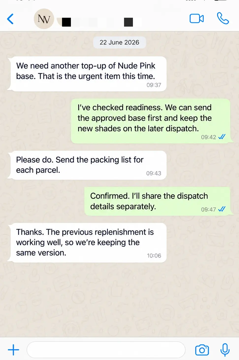 WhatsApp discussion prioritizing regular base gel replenishment and confirming receipt
