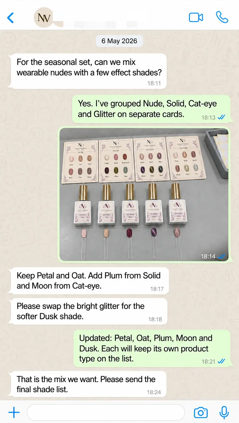 WhatsApp selection of nude colors, solid shades, cat-eye effects and glitter for a seasonal assortment