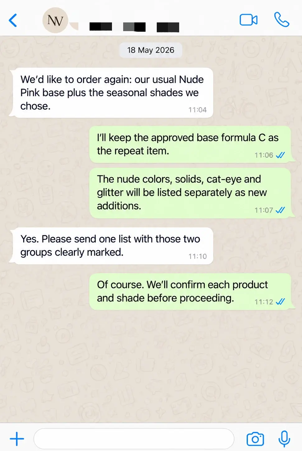 WhatsApp review separating seasonal additions from approved base gel replenishment