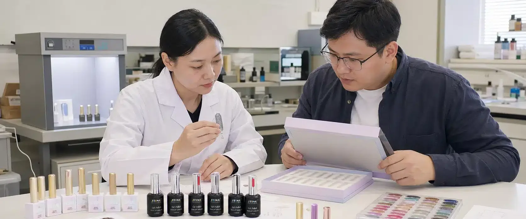 JTING gel nail polish customization team reviewing shade samples, bottle options and packaging prototypes