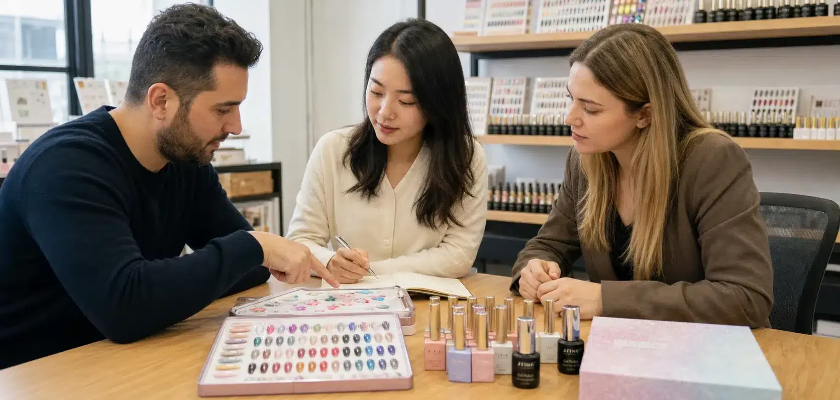 JTING gel nail polish pre-sales consultation with international buyers reviewing colors, bottles and packaging