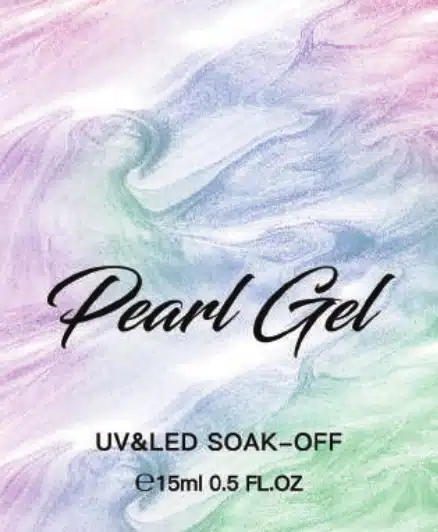 Pearl Gel label with soft pink, blue and green flowing textures