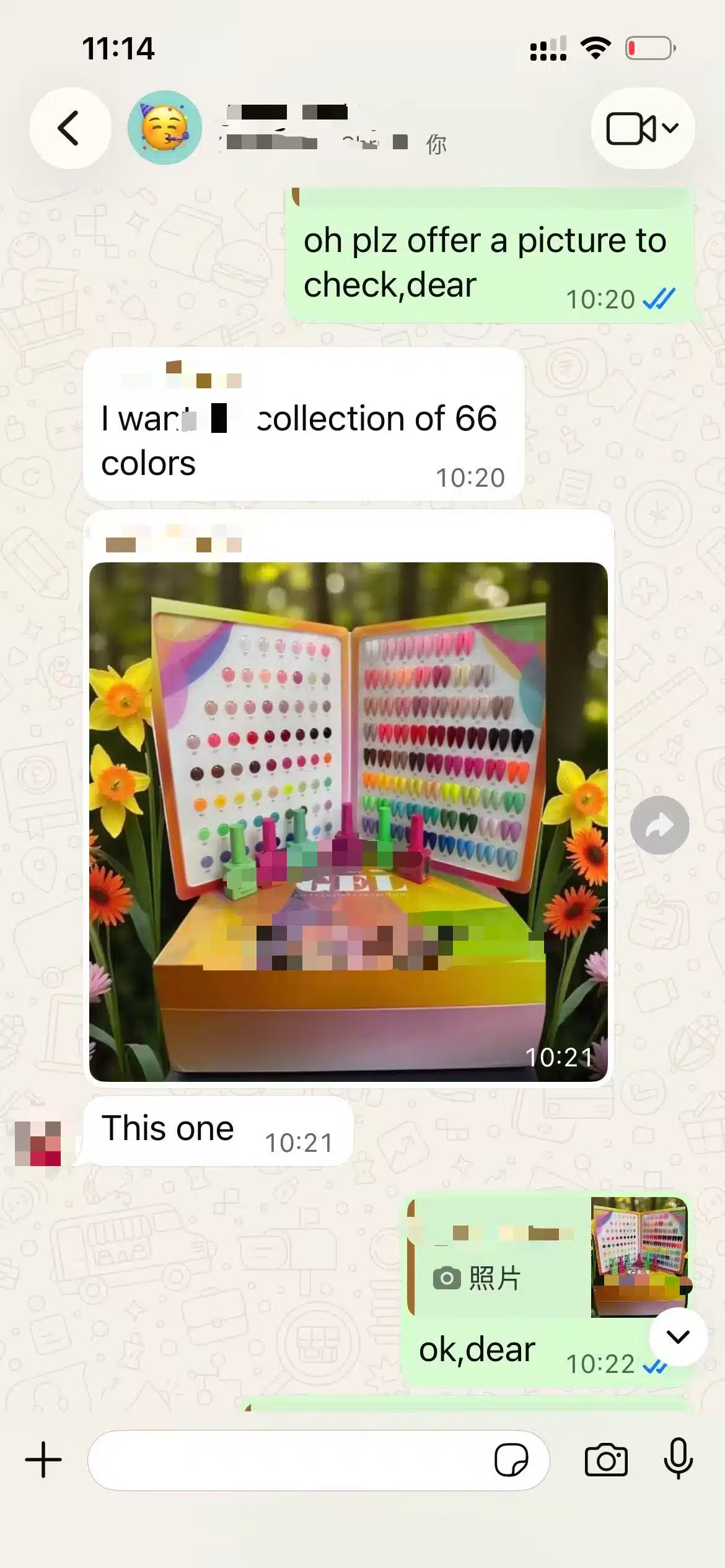 Redacted customer conversation selecting a JTING 66-color gel nail polish collection