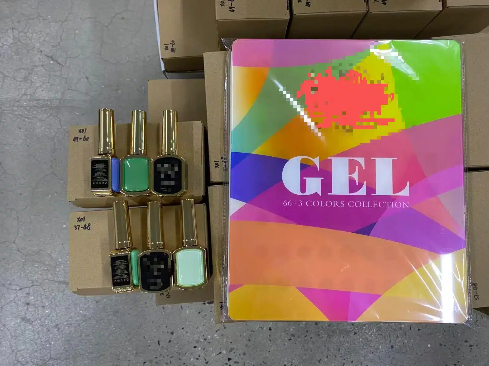 Customized 66 plus 3 color solid gel polish collection with gold bottles and presentation case