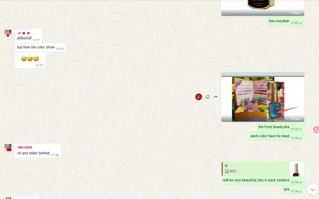 Redacted customer conversation about color beads and back labels for a private label gel polish collection