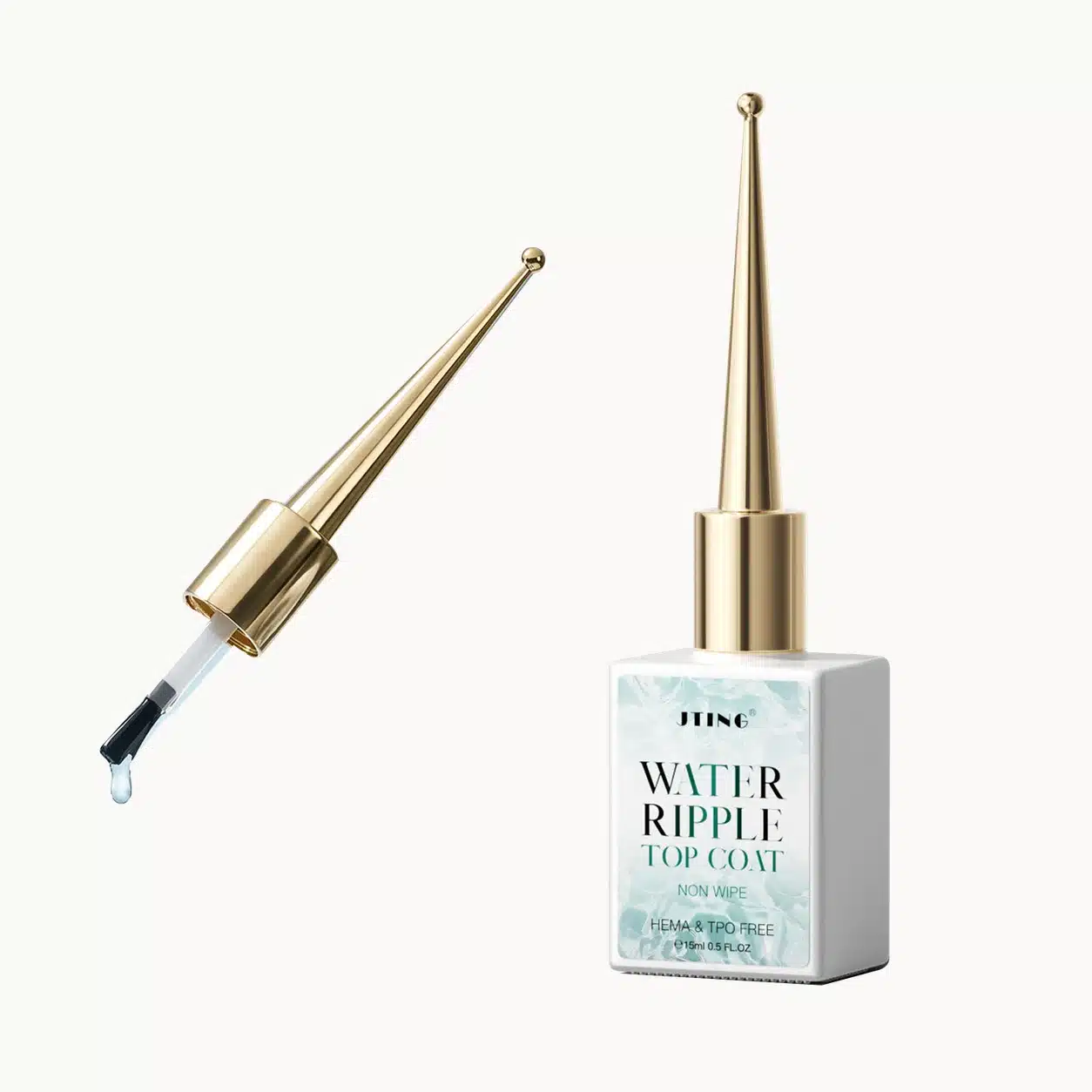 JTING white rectangular bottle with a tapered gold cap, alongside a matching cap and black brush.