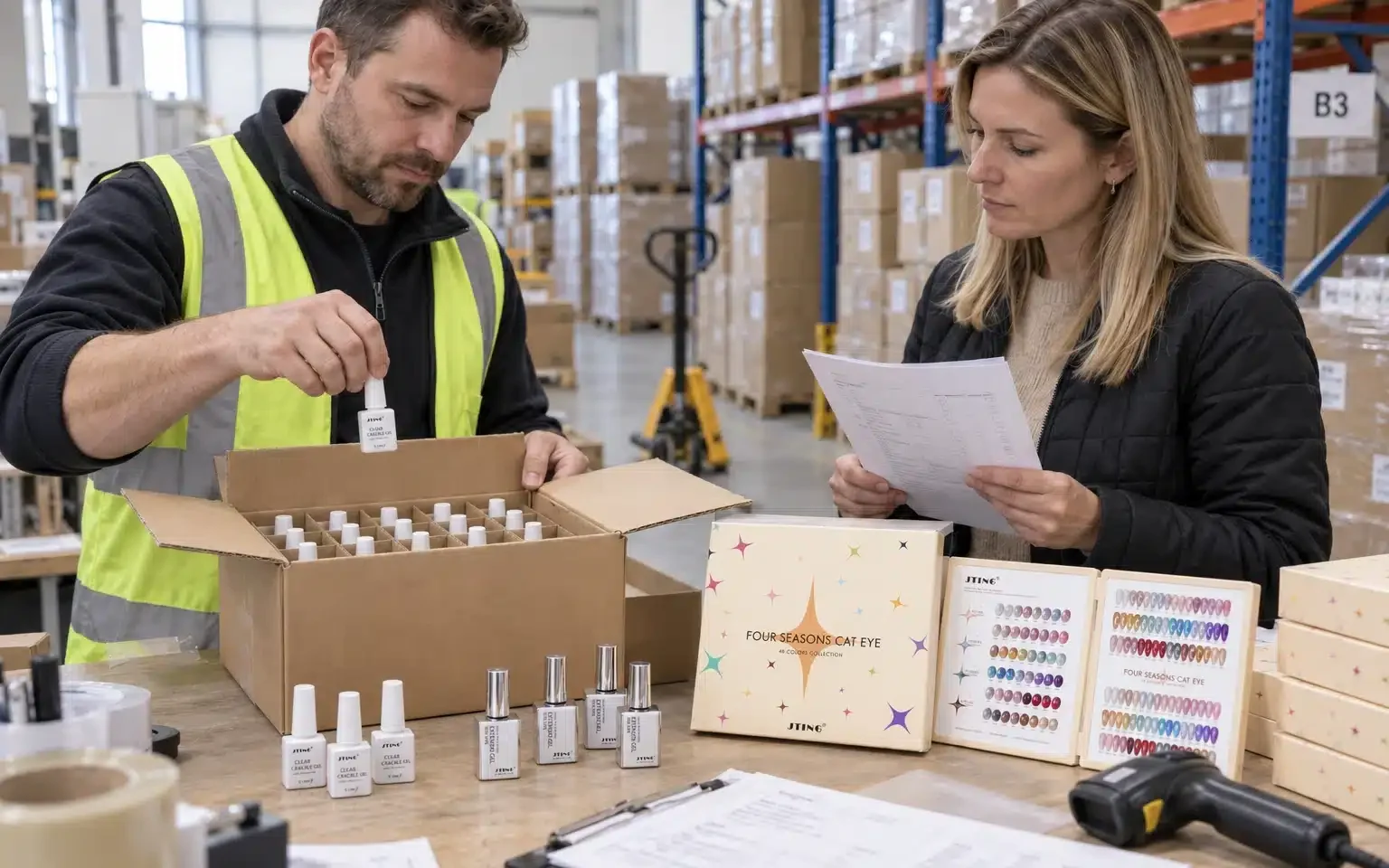 Wholesale warehouse team inspecting gel nail polish units and checking an inventory list before distribution