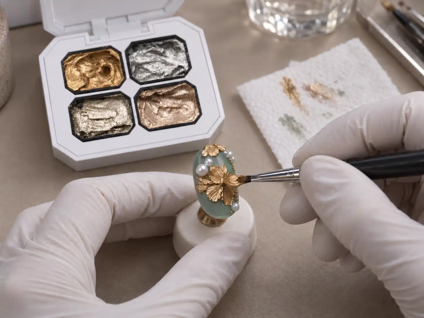 Gloved technician shaping a gold metallic petal on a sage-green practice nail beside a four-color 3D Metal Painting Gel palette