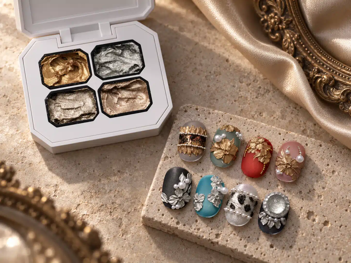 Open four-color 3D Metal Painting Gel palette with eight metallic floral nail art samples on warm stone