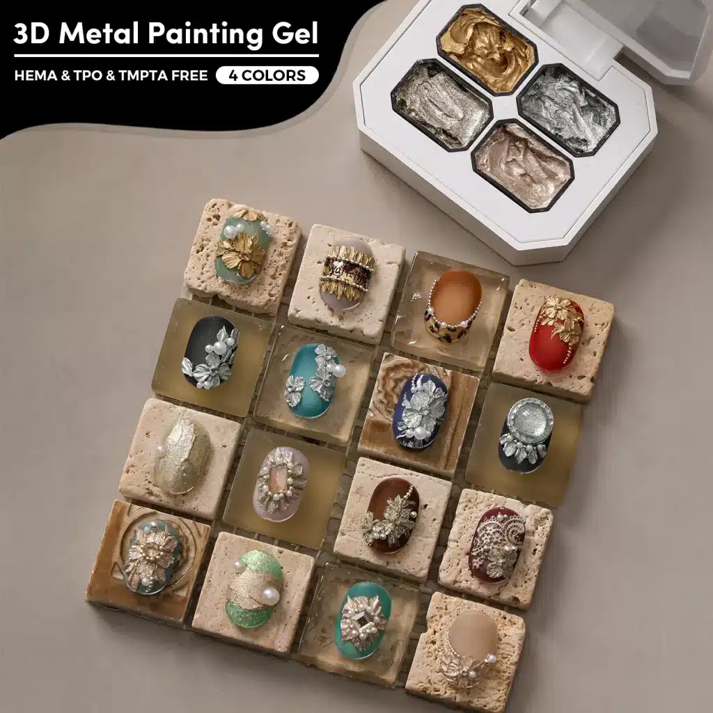 JTING 3D Metal Painting Gel four-color palette with metallic floral relief nail samples on stone display blocks