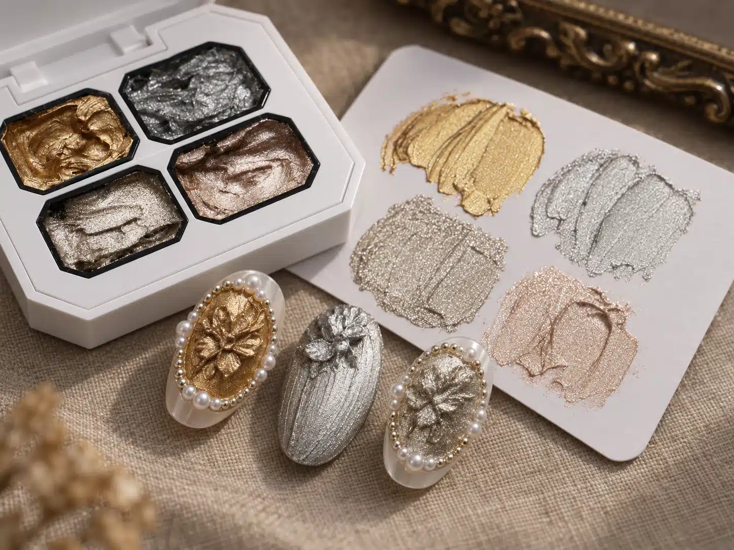 Metallic relief flower nail samples beside fine brush textures and an open four-color 3D Metal Painting Gel palette
