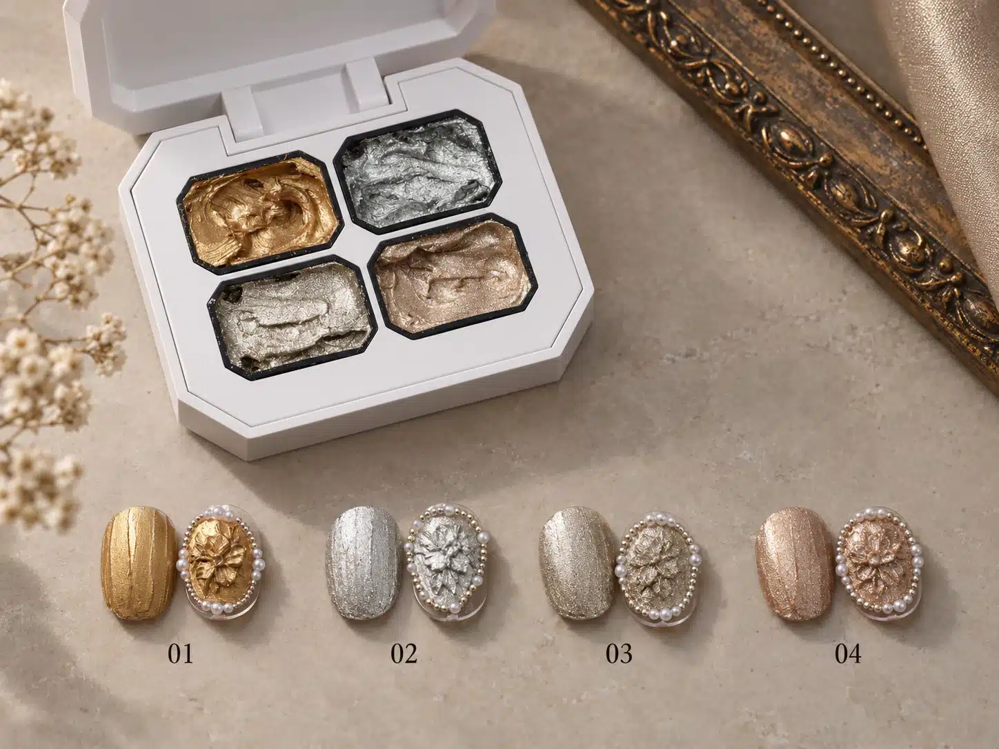 3D Metal Painting Gel shade samples labeled 01 to 04 with textured and pearl-edged metallic floral designs