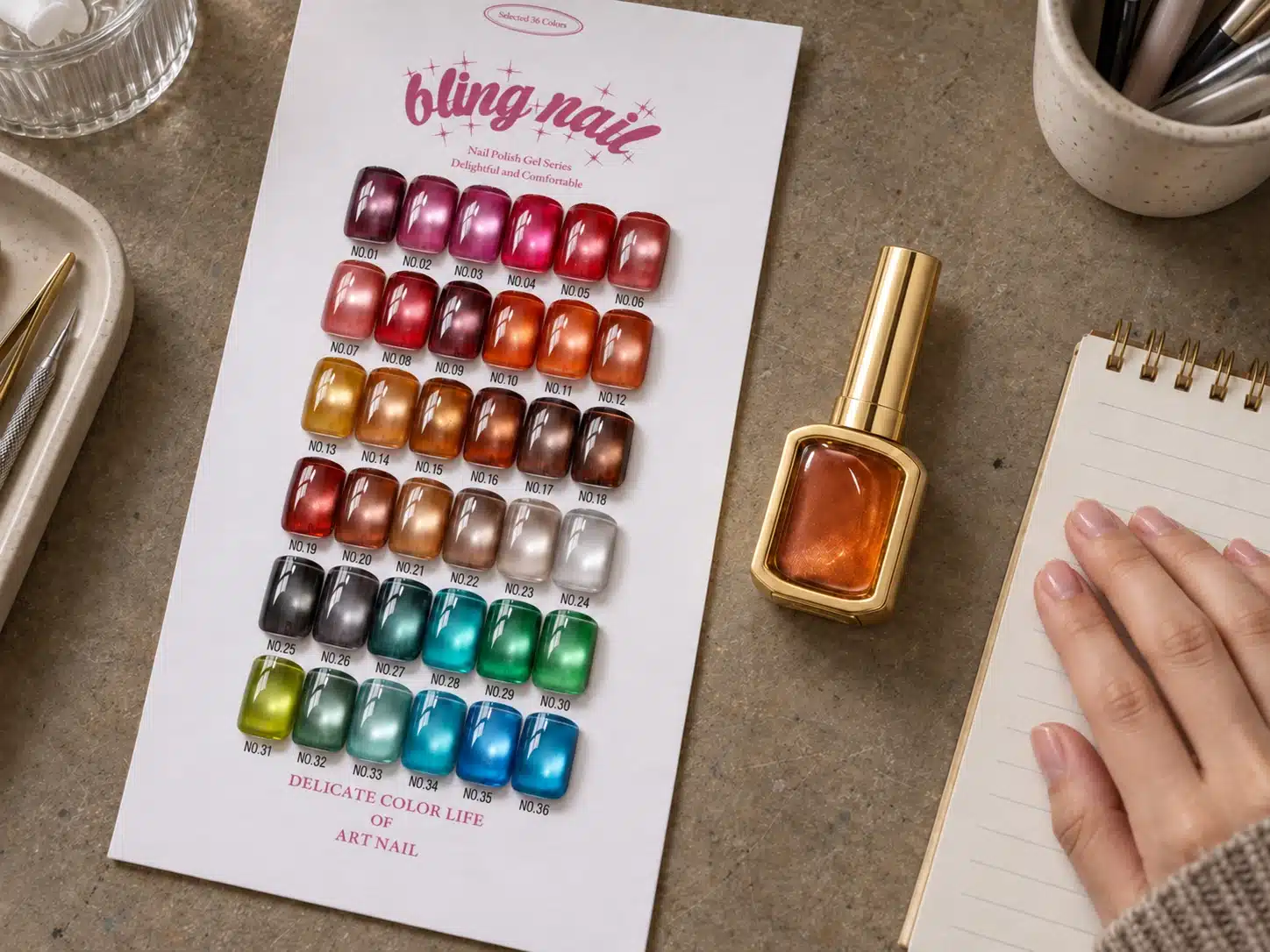 36 numbered cat-eye gel swatches on a shade card beside the gold bottle and a buyer's notebook