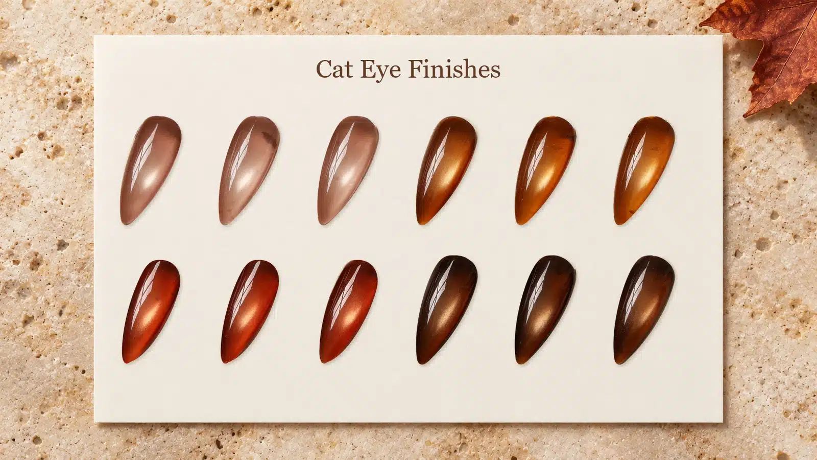 Twelve photographed cat eye nail samples in rose, gold, copper and brown on a cream display card