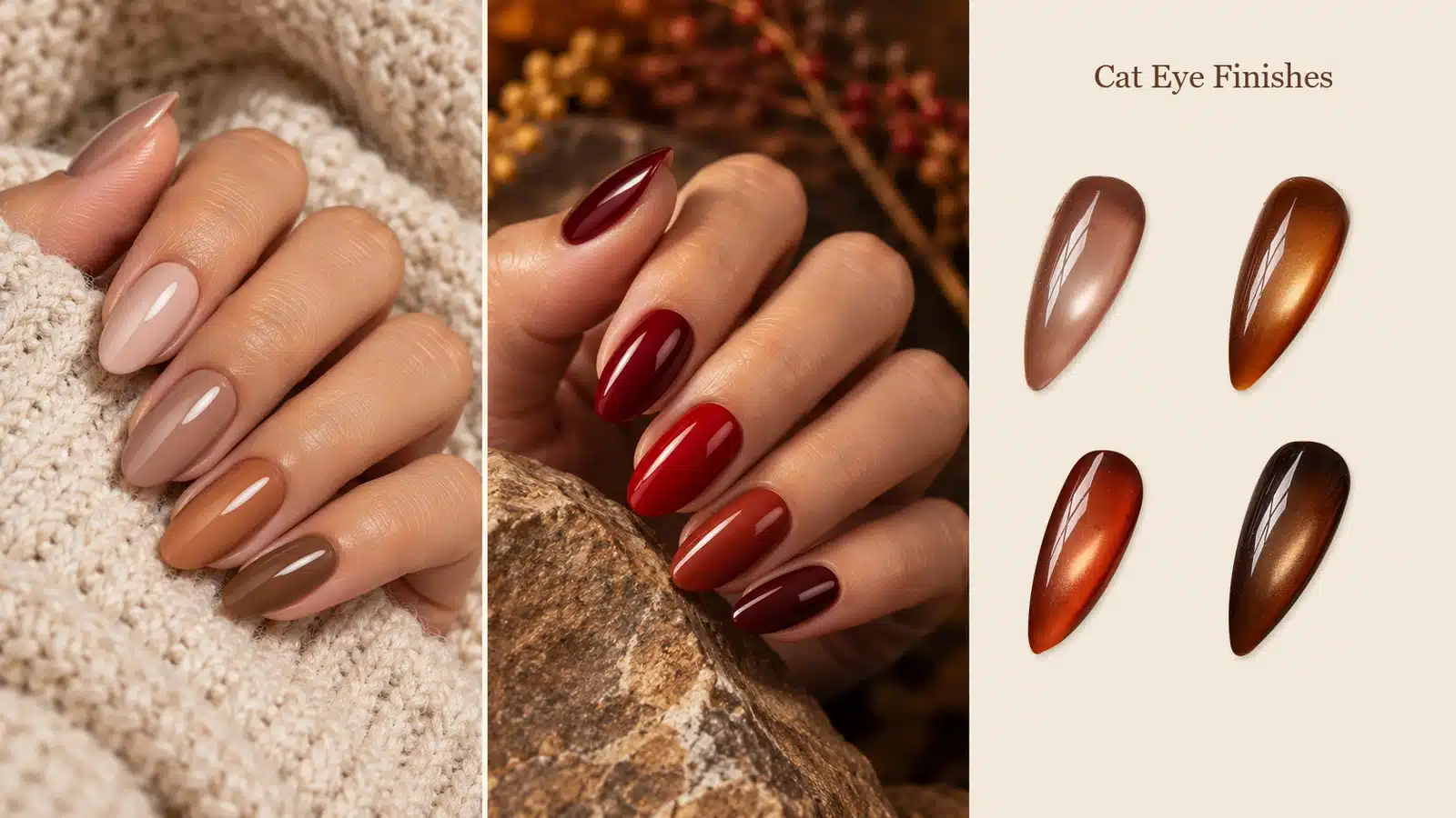 Latte and red-brown manicures beside photographed autumn cat eye nail samples
