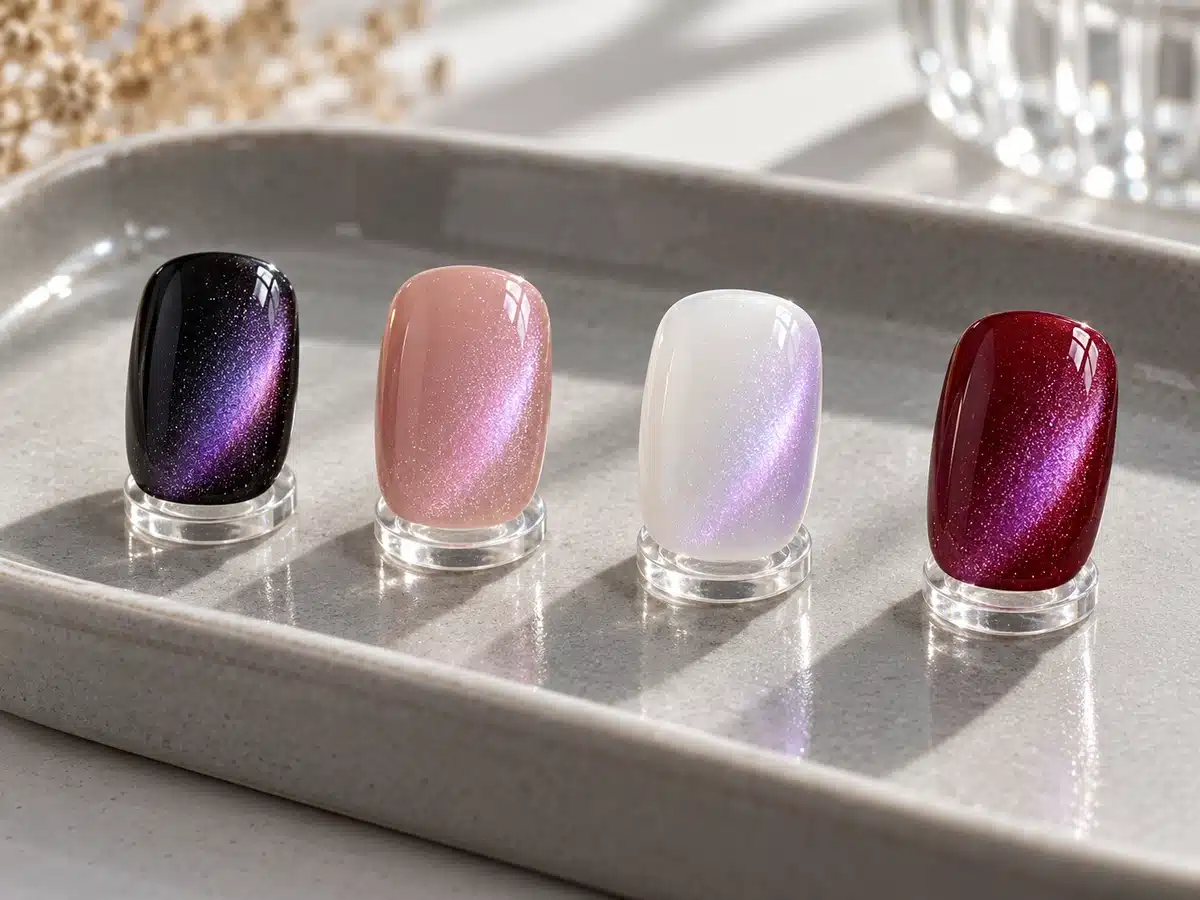 Black, nude, milky-white and burgundy nail samples with violet magnetic shimmer