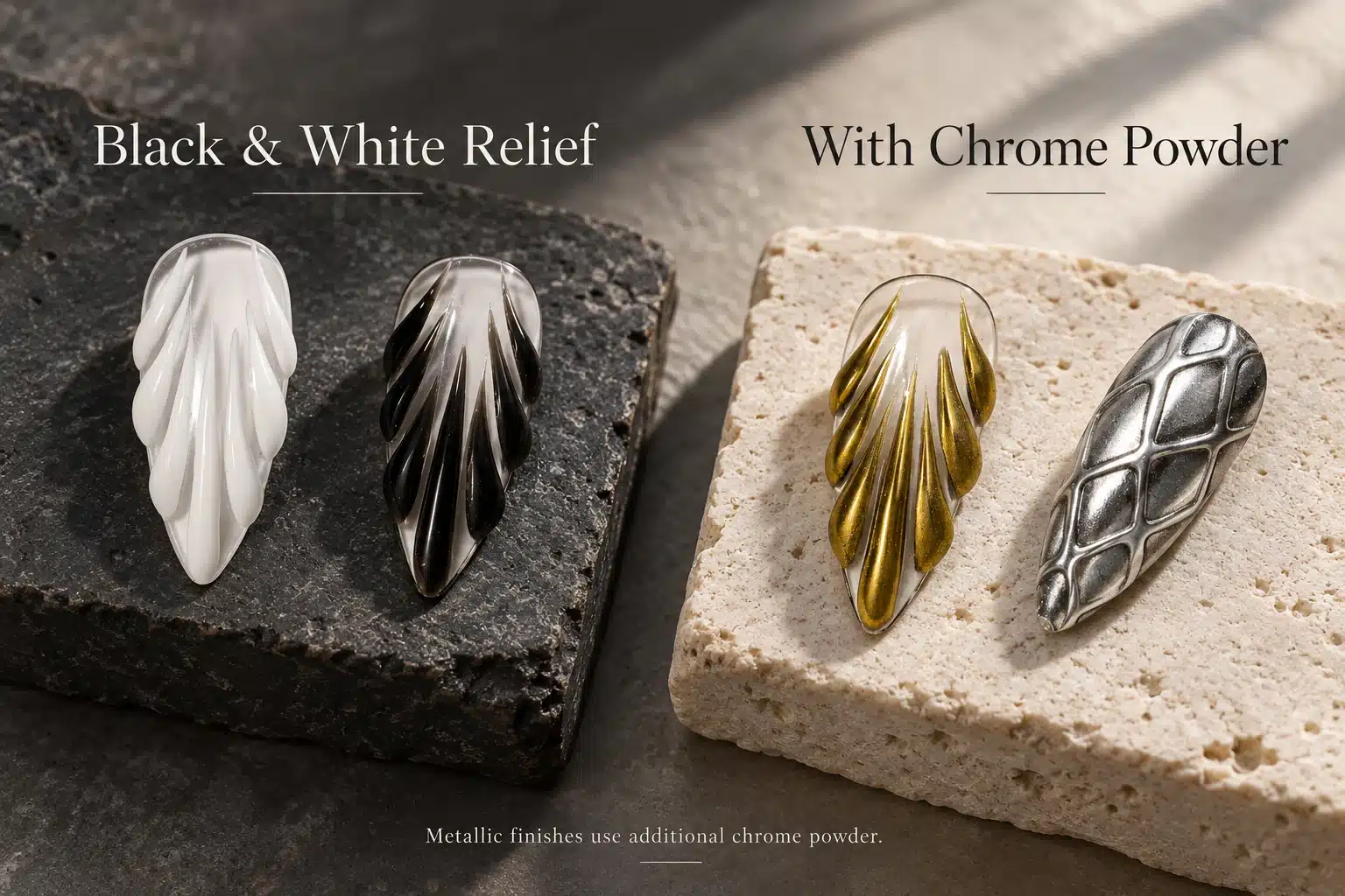 White and black raised petal nail tips beside gold petal and silver lattice chrome powder finishes