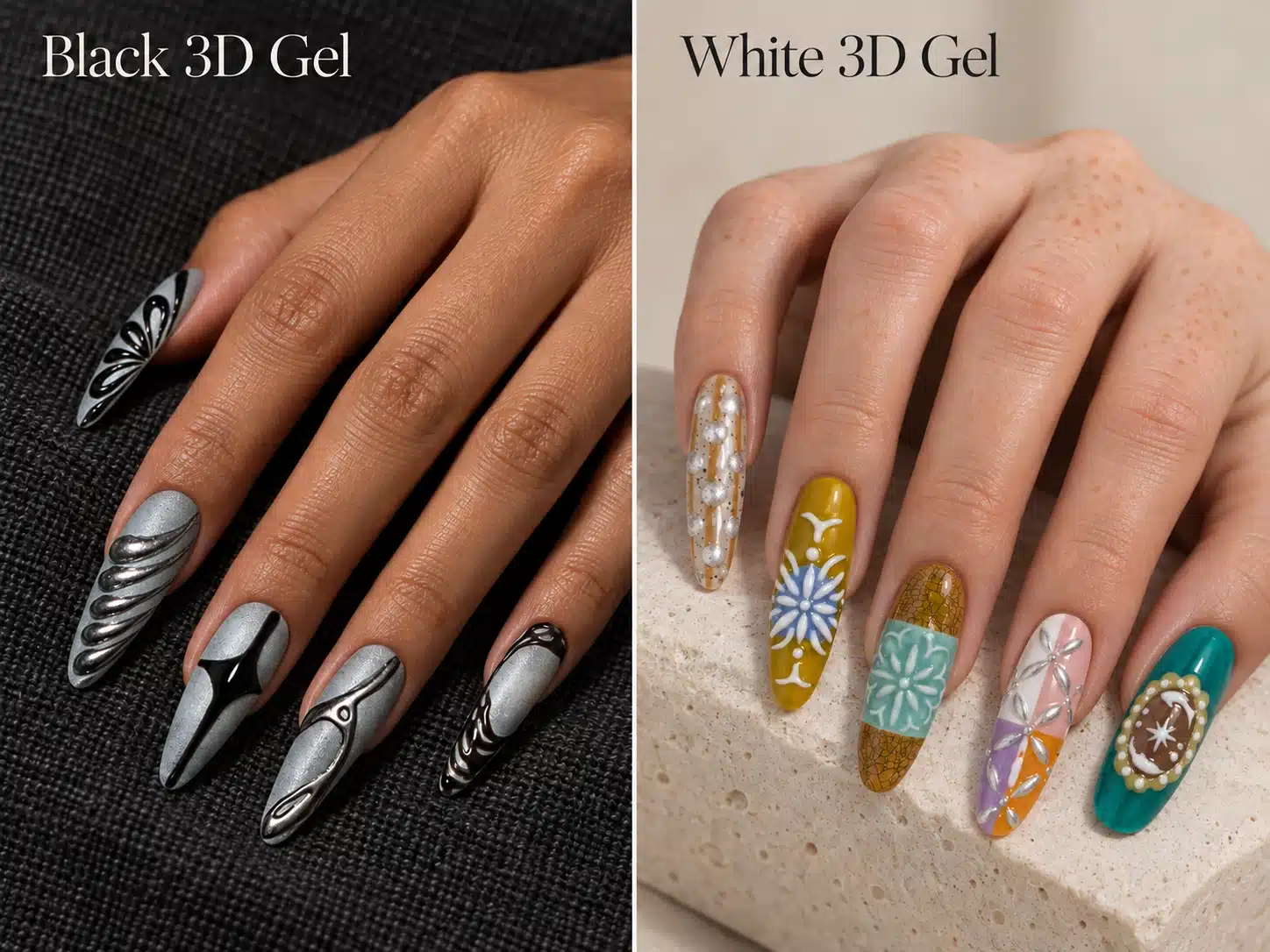 Two hand models wearing black and silver relief nails and colorful nails with white sculpted details