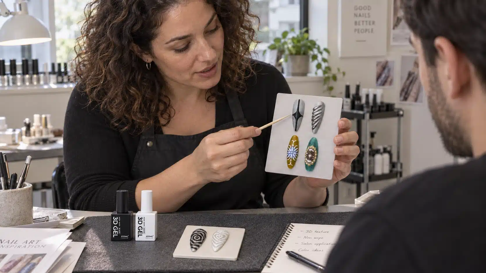 Nail professional presenting black and silver and colorful white-relief nail designs to a customer