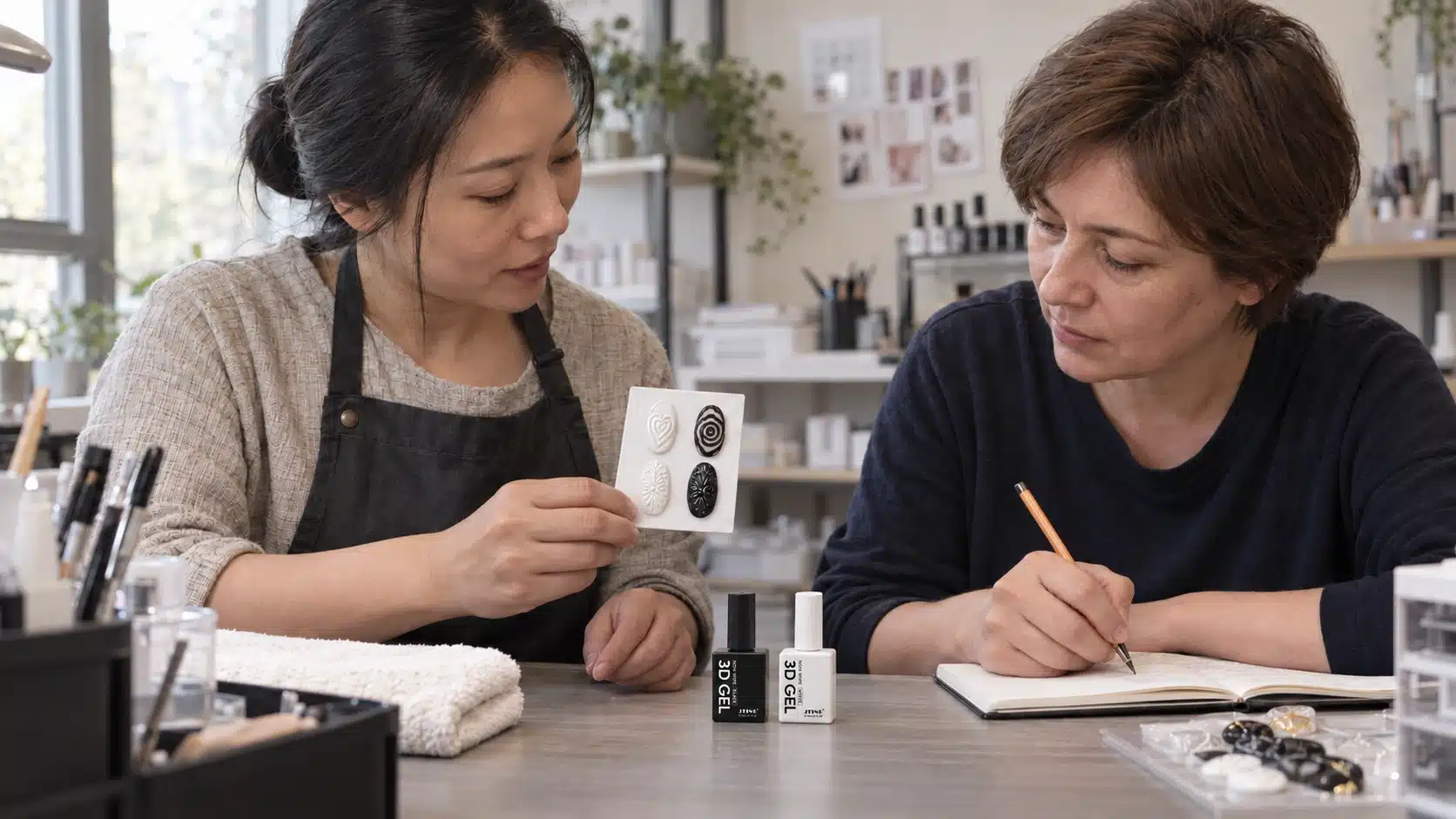 Nail technician and buyer reviewing black and white raised nail samples beside JTING 3D gel bottles
