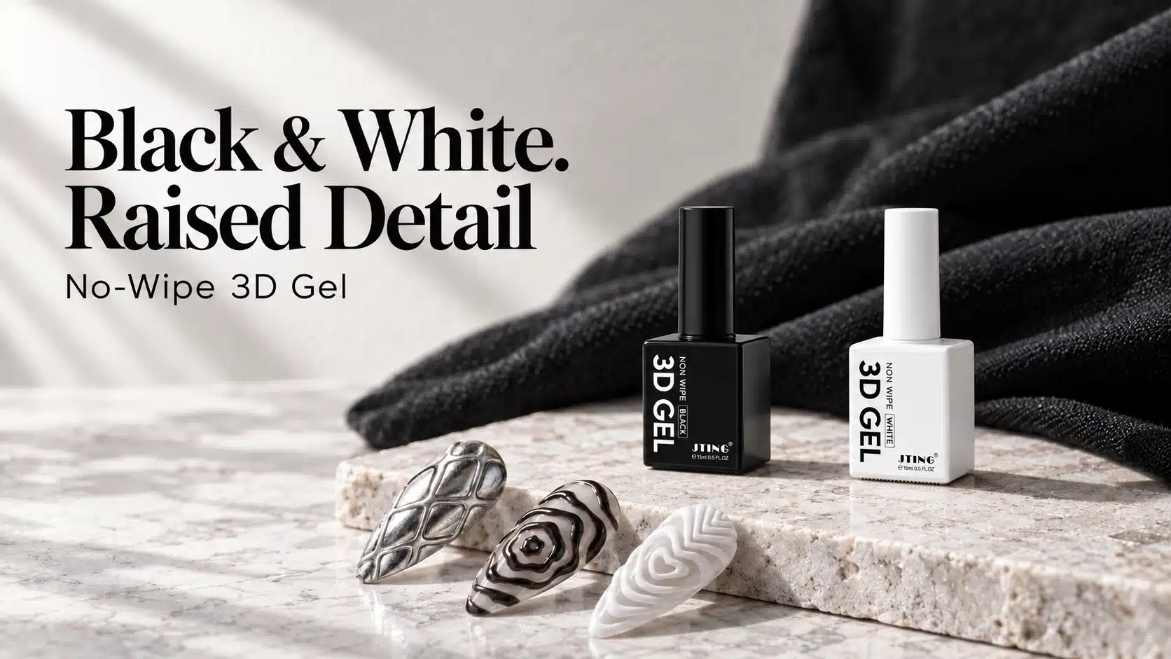 JTING black and white no-wipe 3D gel bottles with raised rose, heart and silver lattice nail samples