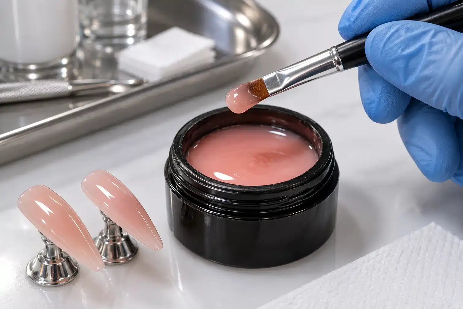 A gloved hand lifts pink builder gel on a flat brush above an open jar beside nail samples