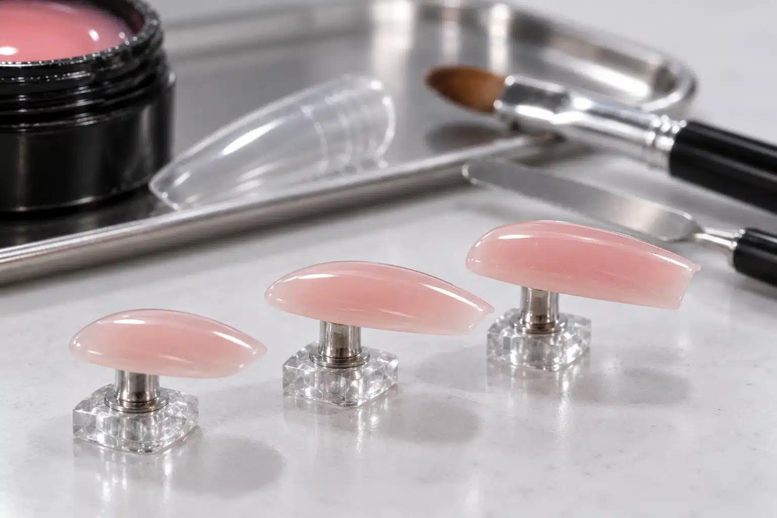 Three nude-pink structural gel nail samples viewed from the side with a dual form and sculpting tools