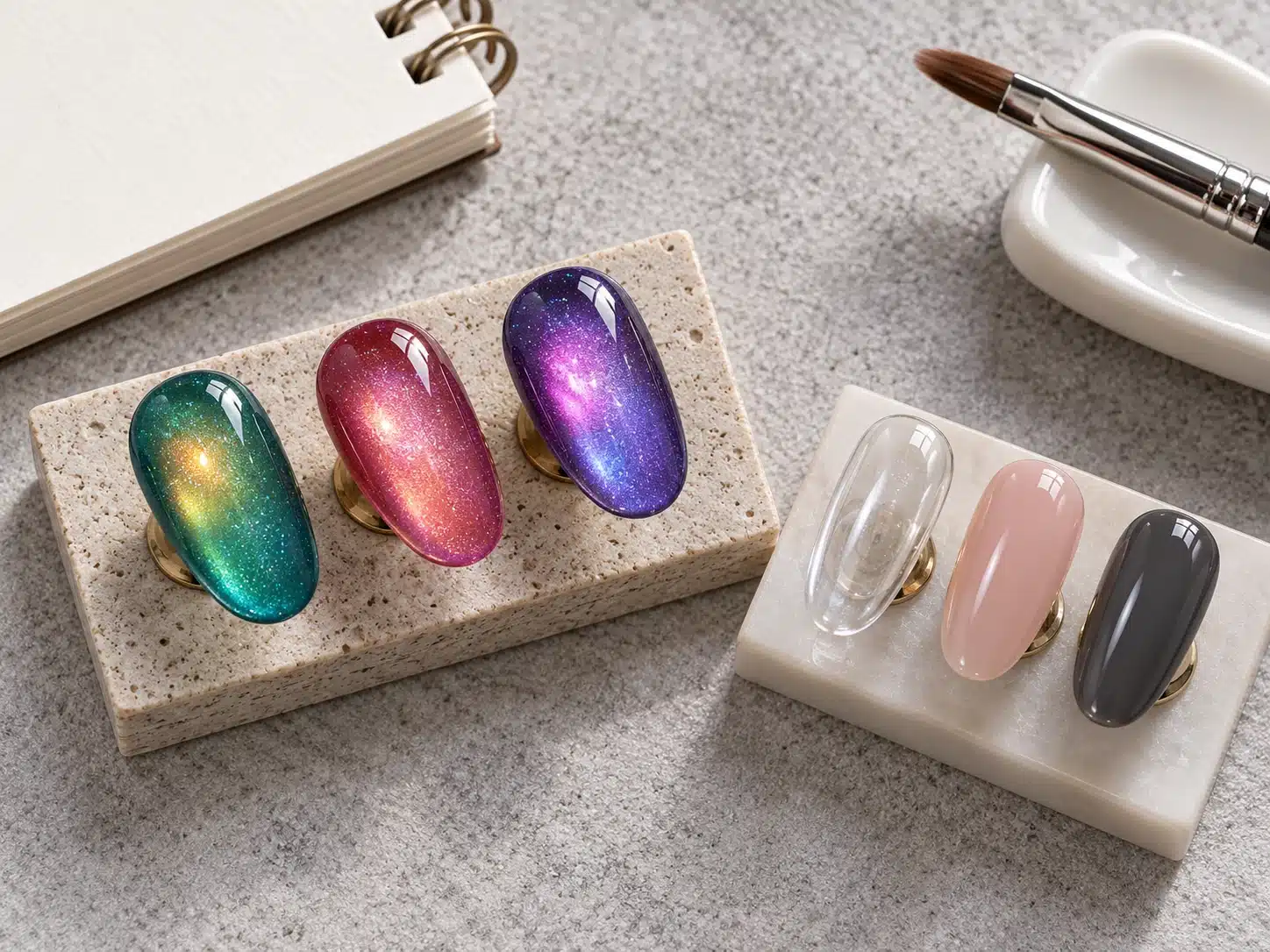 Colored glass cat eye samples beside clear, nude and charcoal foundation tips