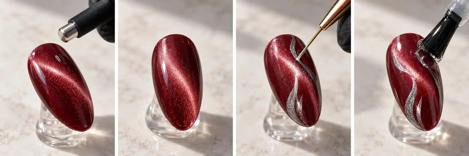 Magnetic shaping, burgundy cat eye finish, silver line painting and clear finishing application