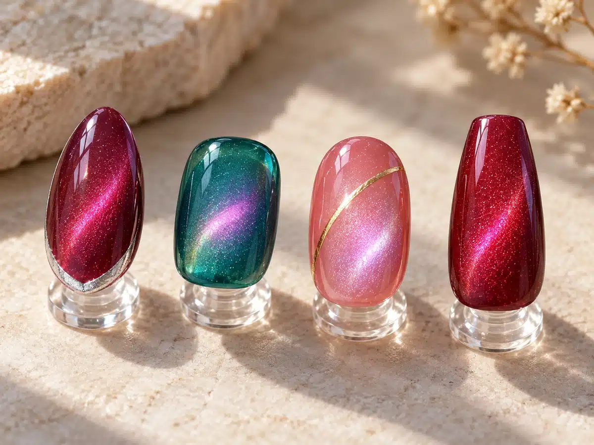Burgundy and teal cat eye nail samples with a silver French edge and a fine gold accent on pink