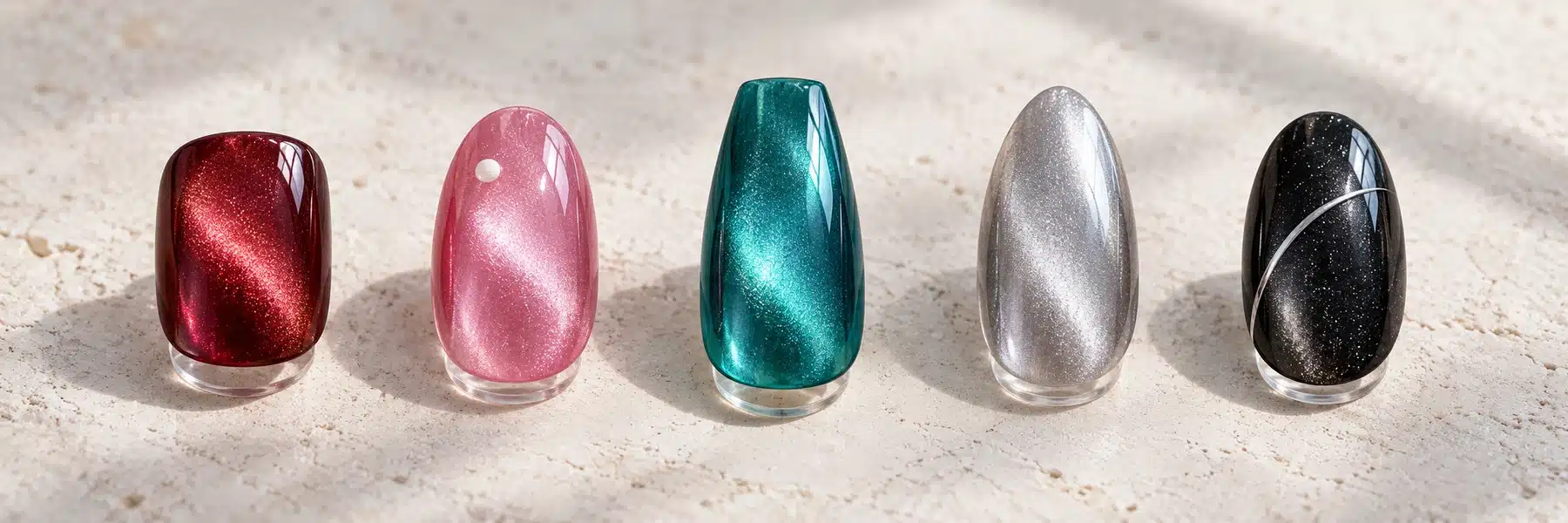 Burgundy, pink, teal, silver and black nail samples with magnetic shimmer and small contrasting accents