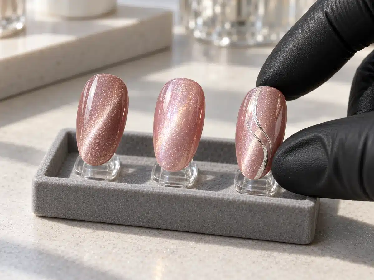 Gloved fingers comparing pink magnetic nail samples with and without silver line decoration