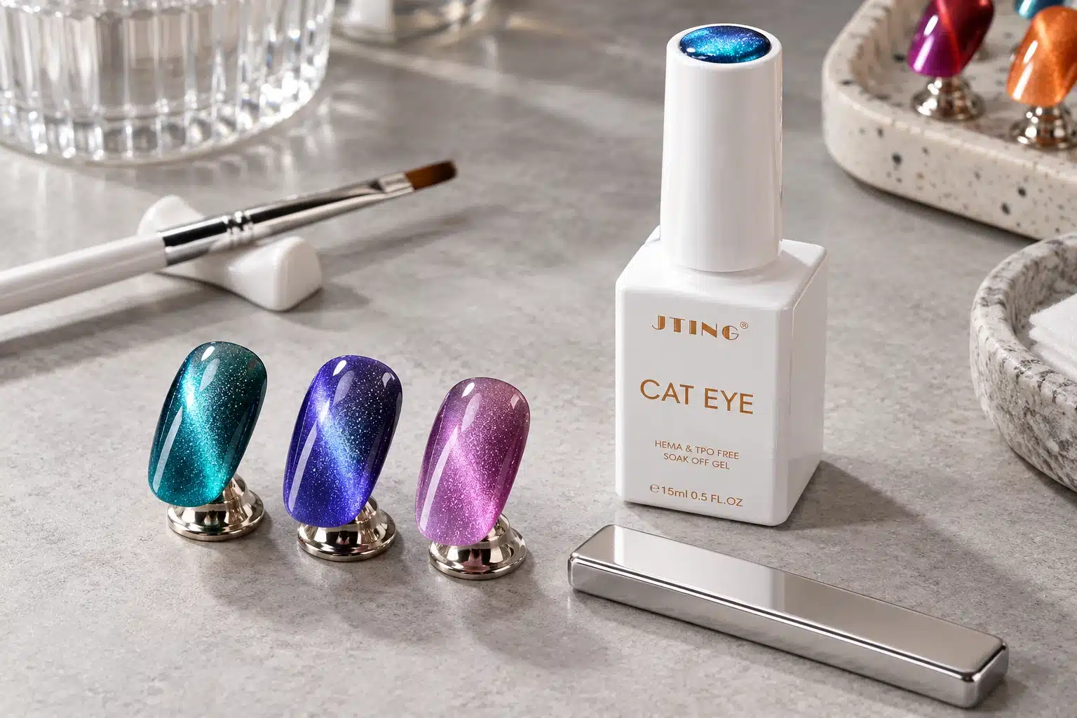 JTING cat eye gel bottle with colored magnetic nail samples, brush and silver bar magnet