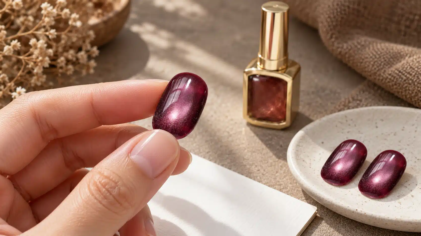 Hand holding a burgundy cat-eye nail sample beside a gold bottle and two matching reference tips