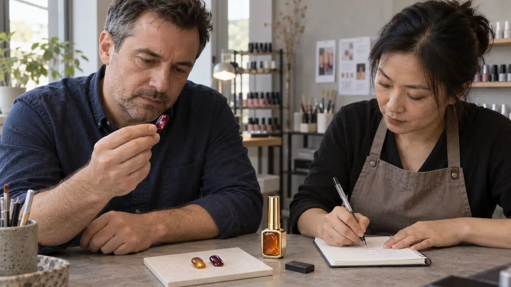Two people reviewing a burgundy cat-eye nail sample and taking notes beside a gold gel bottle