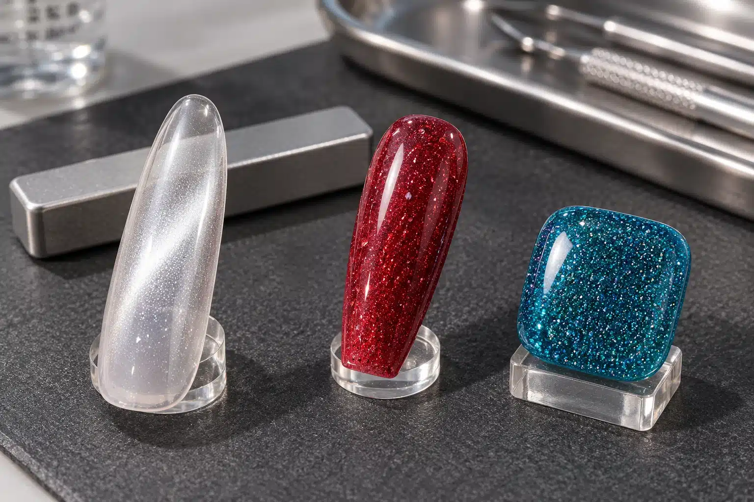 Silver cat eye, red glitter and teal reflective gel samples beside a rectangular magnet