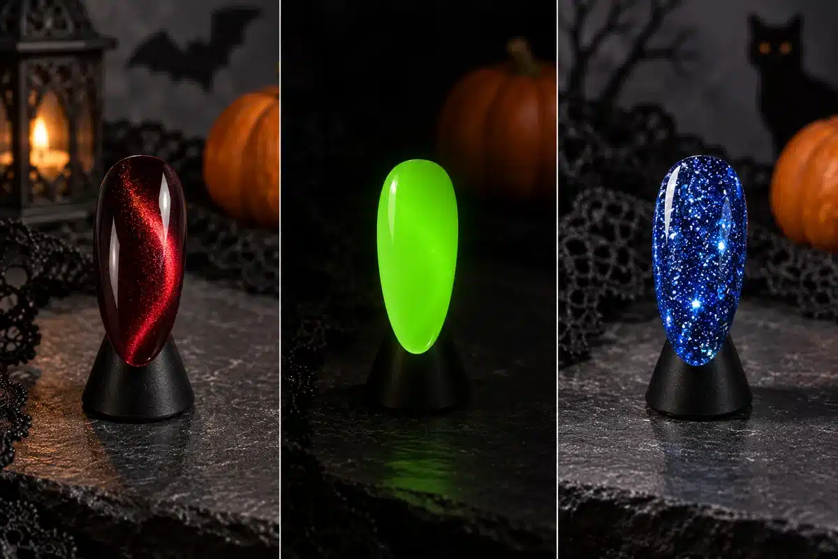 Illustration of red magnetic cat-eye, green glow and blue reflective gel nail effects under different lighting