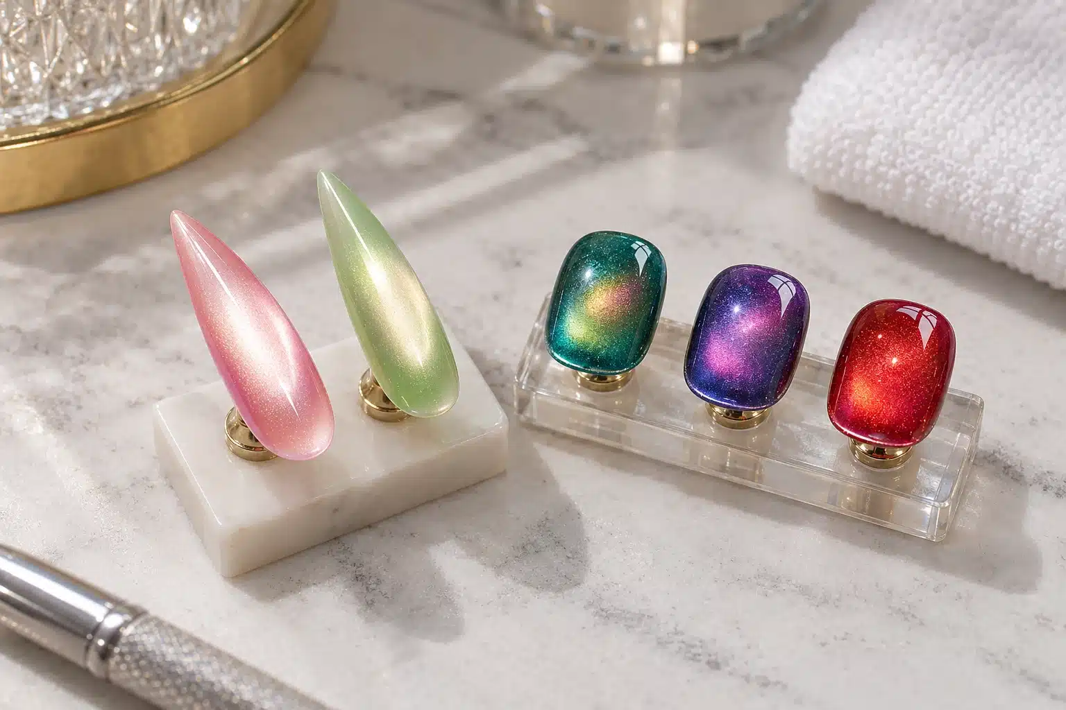 Long pink and green almond tips beside short rounded glass cat eye samples