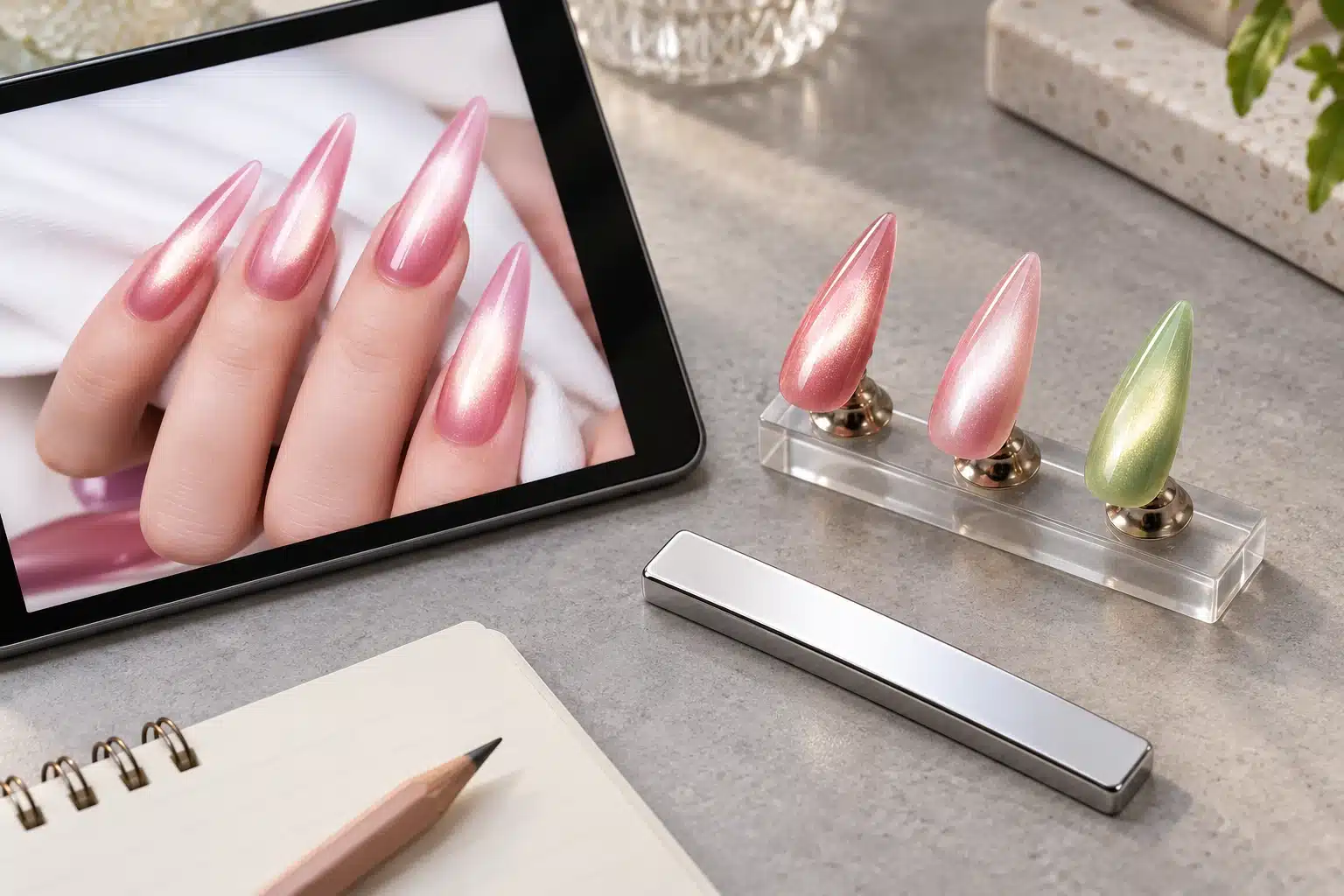 Tablet showing pink cat eye nails beside water-light samples, a bar magnet and notebook