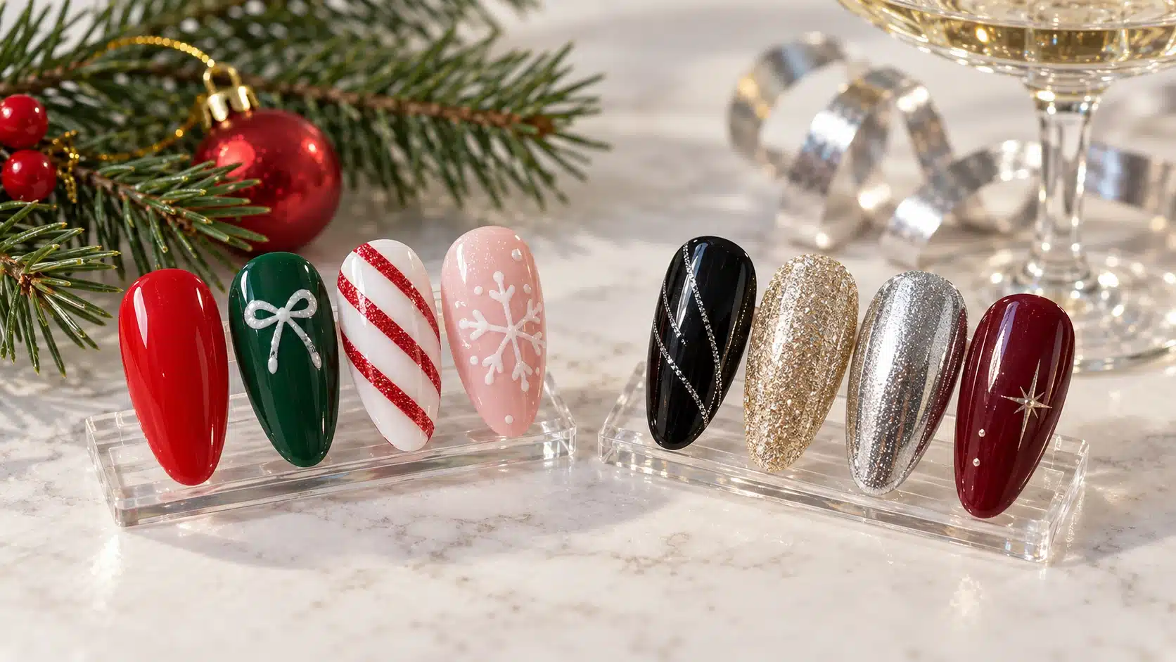Christmas ribbon and candy stripe nail designs beside metallic and reflective New Year's Eve accents