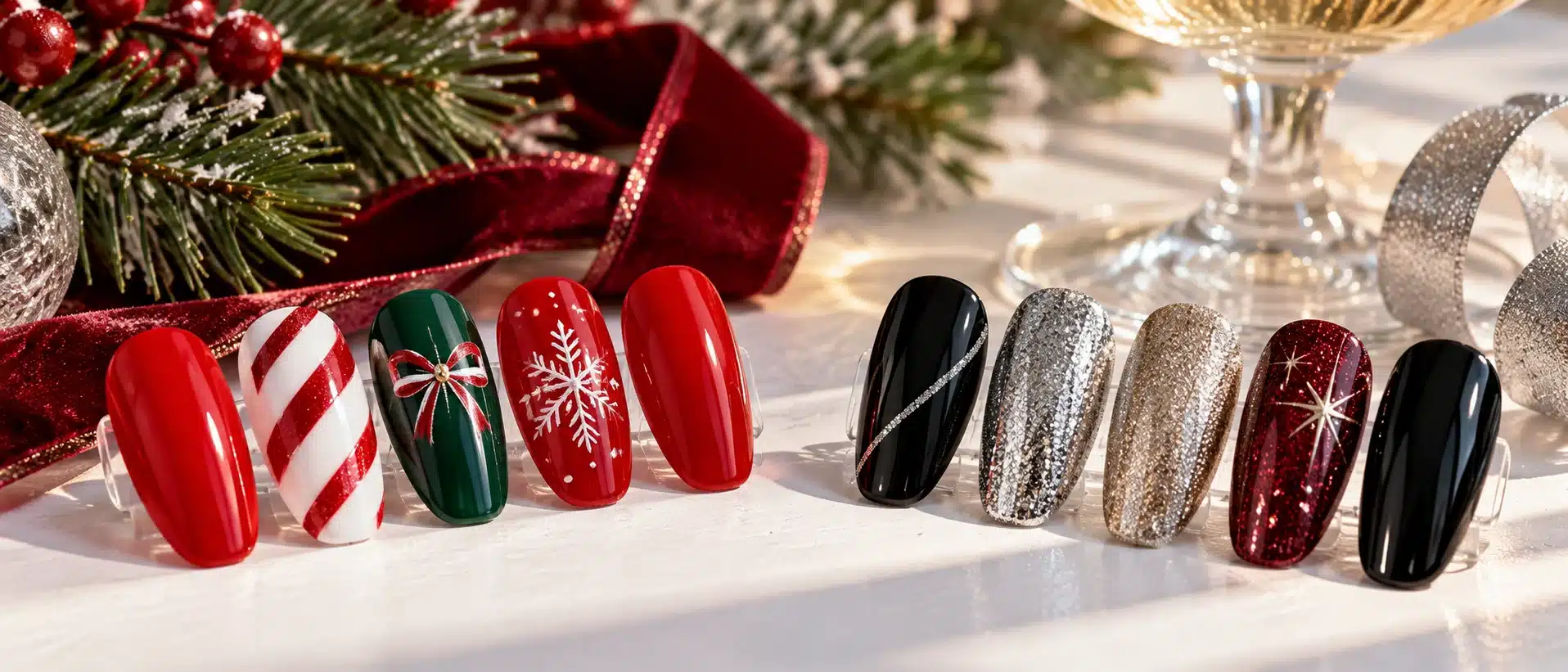 Christmas nail tips in red, green and white beside silver, champagne and dark New Year's Eve designs