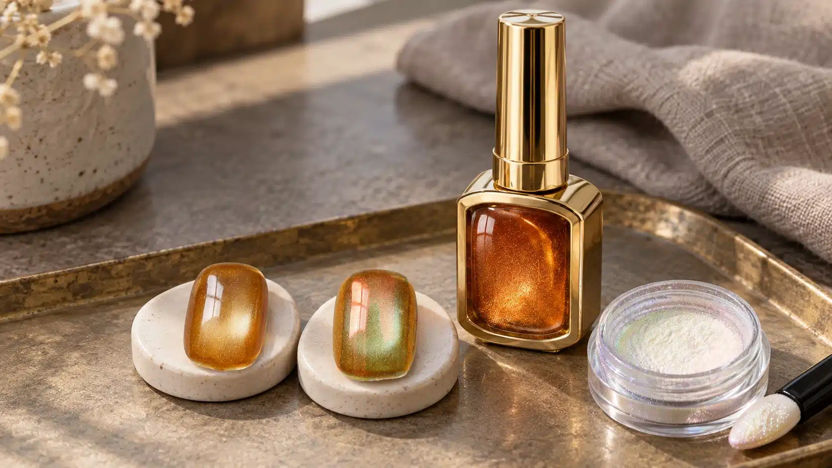 Amber cat-eye sample and iridescent finished nail beside a separate chrome powder pot and gold gel bottle