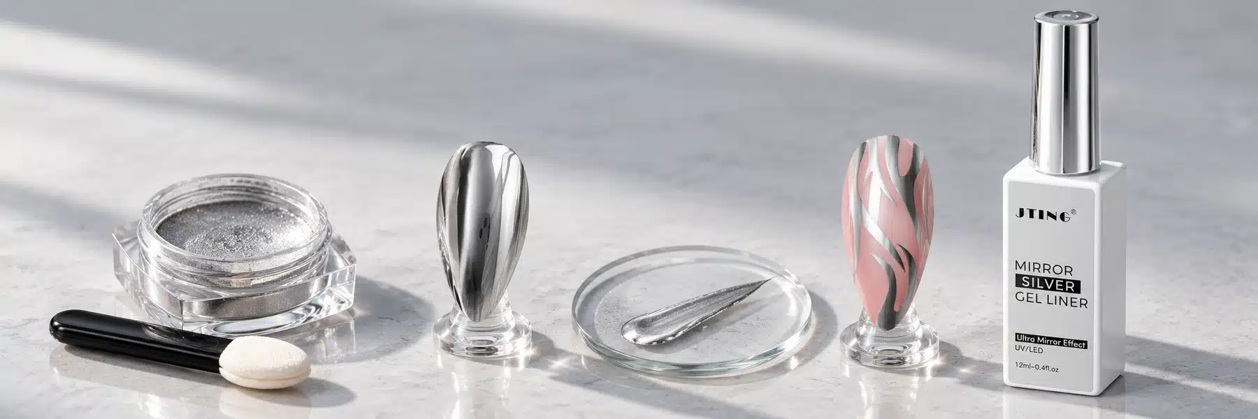 Chrome powder and applicator beside mirror nail samples and JTING Mirror Silver Gel Liner