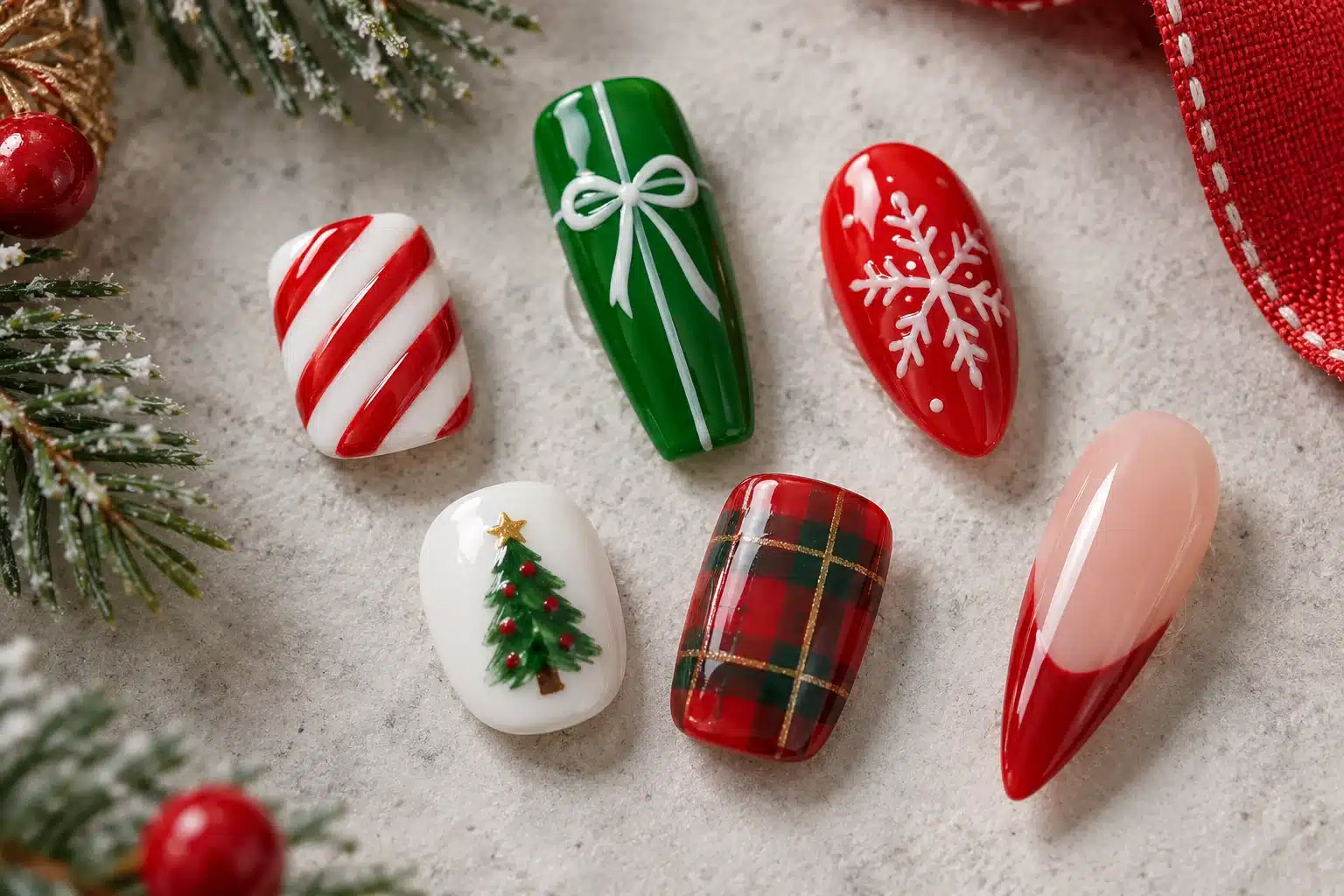 Christmas candy stripes, ribbon, snowflake, tree, plaid and red French designs on varied nail shapes
