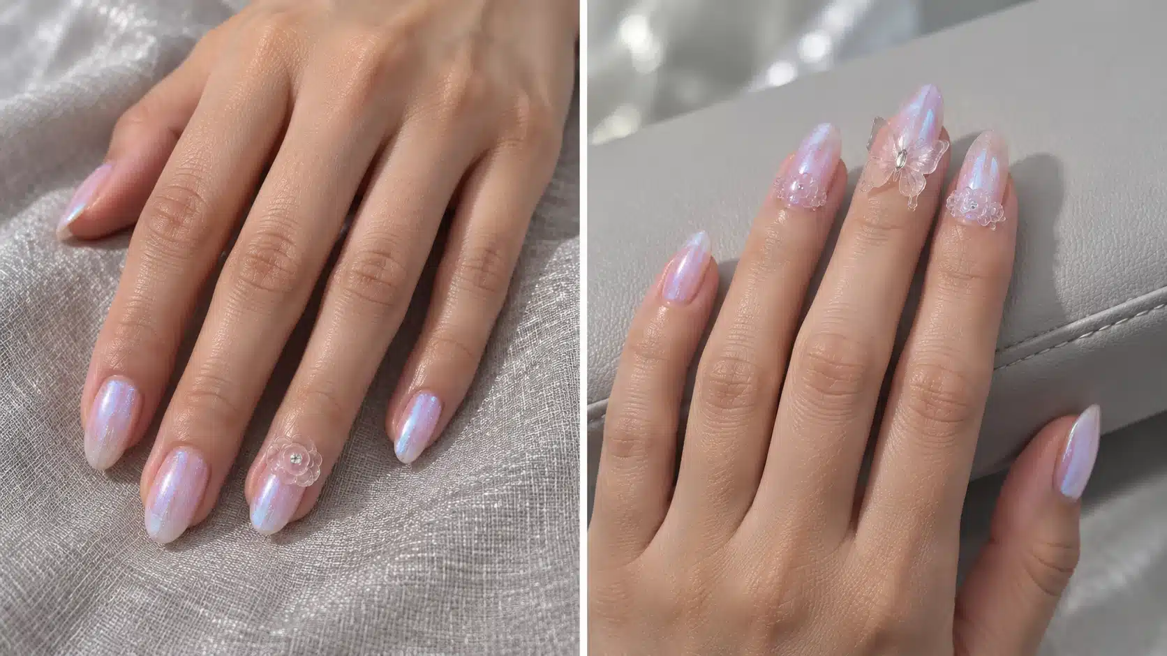 Clear Nail Art for Different Salon Designs Two hand models showing a small clear rose accent and a fuller butterfly-and-flower manicure