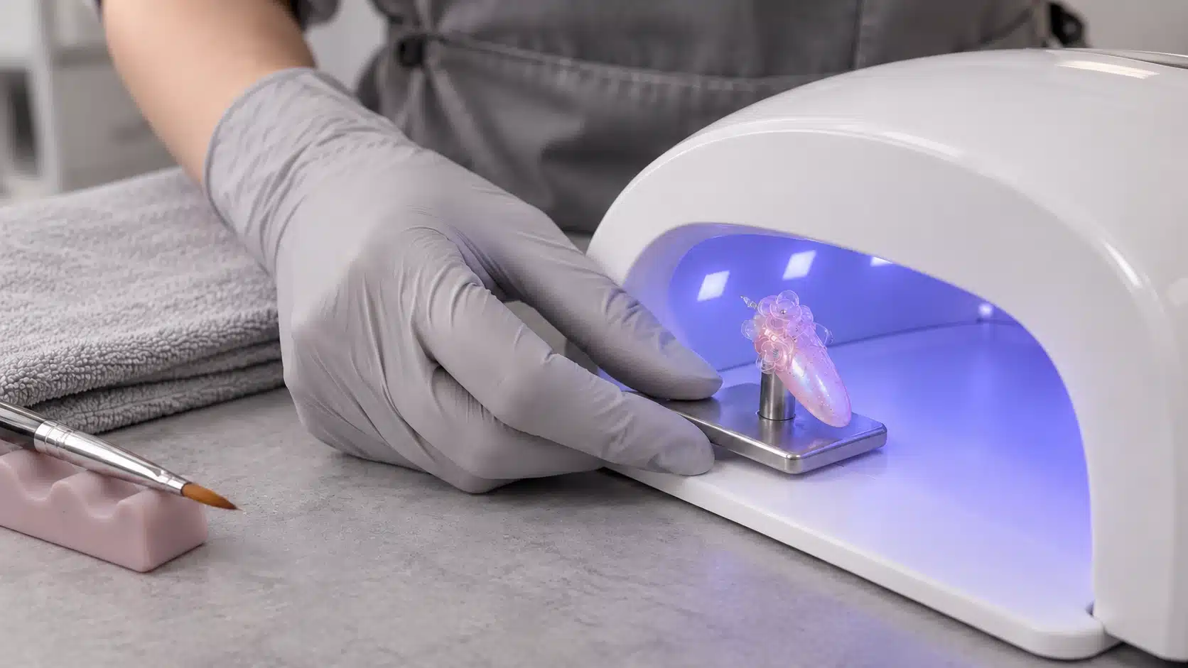 Curing a Clear Sculpted Nail Sample Gloved hand placing a clear floral nail sample on a metal stand inside an LED manicure lamp