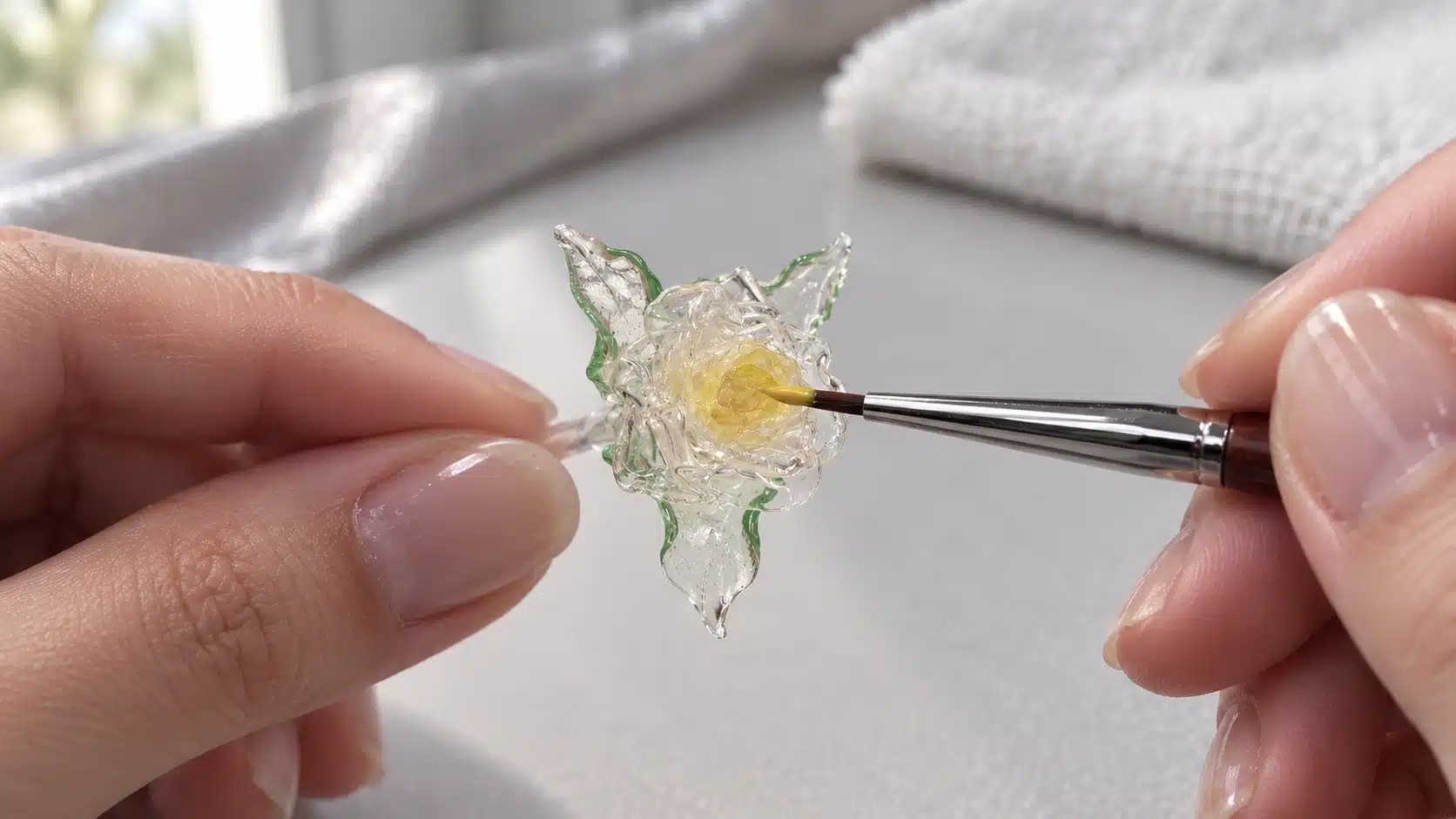 Painting Accents on a Clear Sculpted Rose Fine brush adding yellow to a transparent sculpted rose with green-edged leaves on a clear display handle