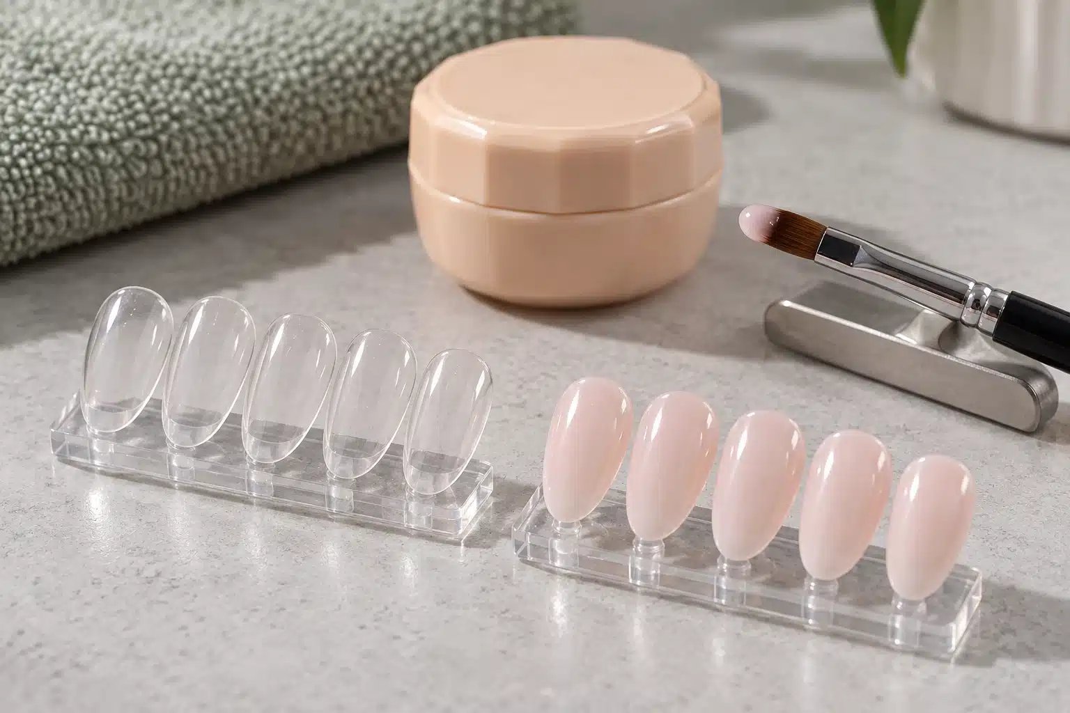 Clear and nude-pink rubber base gel samples beside a peach jar and an oval gel brush