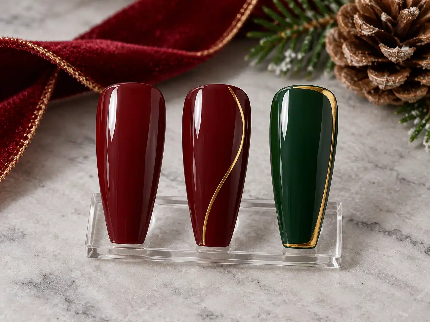 Wine and forest-green coffin nail samples with restrained gold lines and a corner border