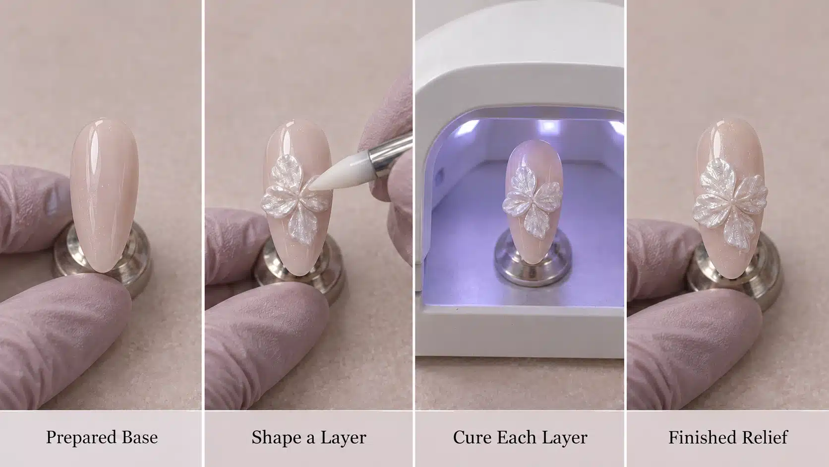 Application sequence for preparing the base, shaping and curing layers, and completing the sculpture gel relief.